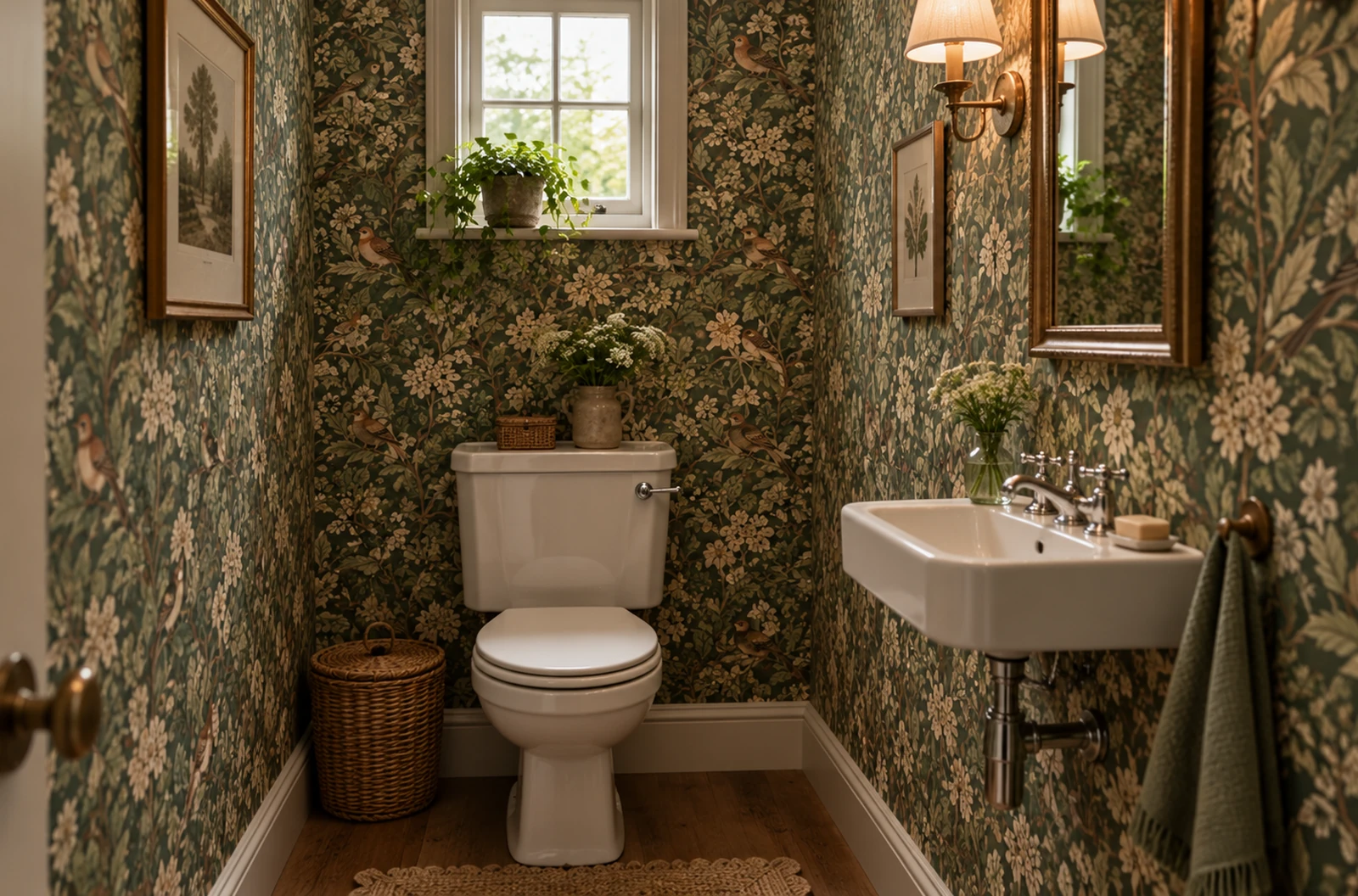 Petit cabinet de toilette aux murs entièrement recouverts d’un papier peint floral anglais