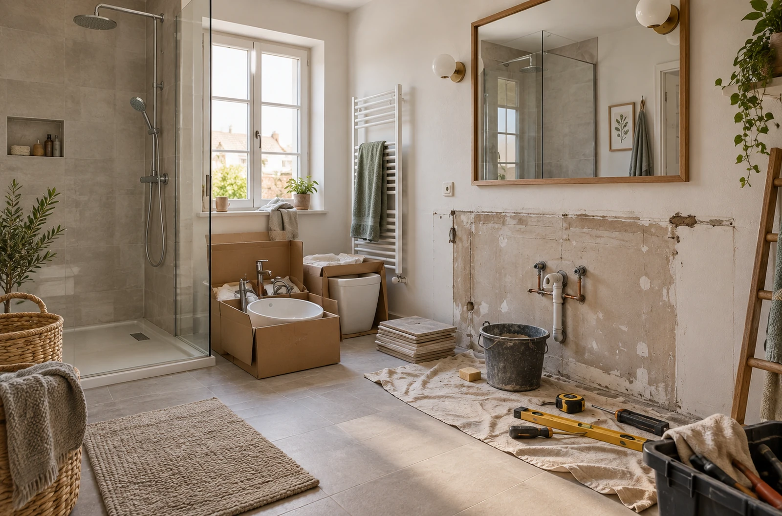 Salle de bain en cours de rénovation avec équipements et matériaux prêts à poser