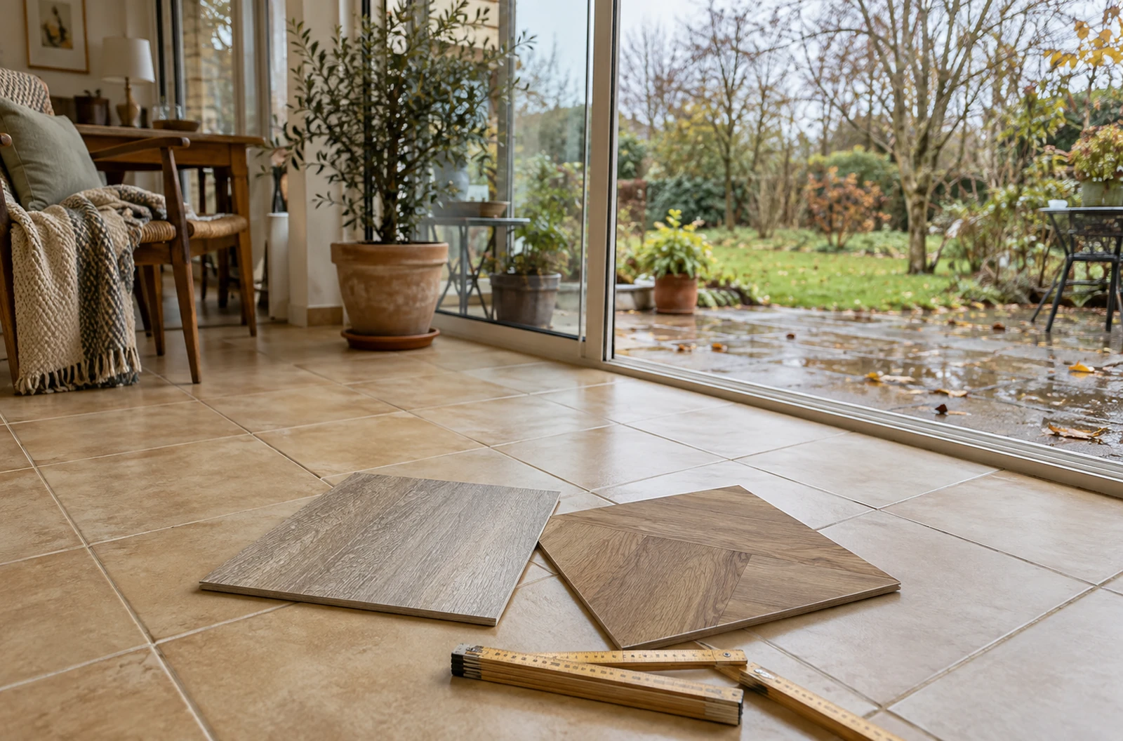 Ancien carrelage et échantillons de revêtement dans une véranda non chauffée