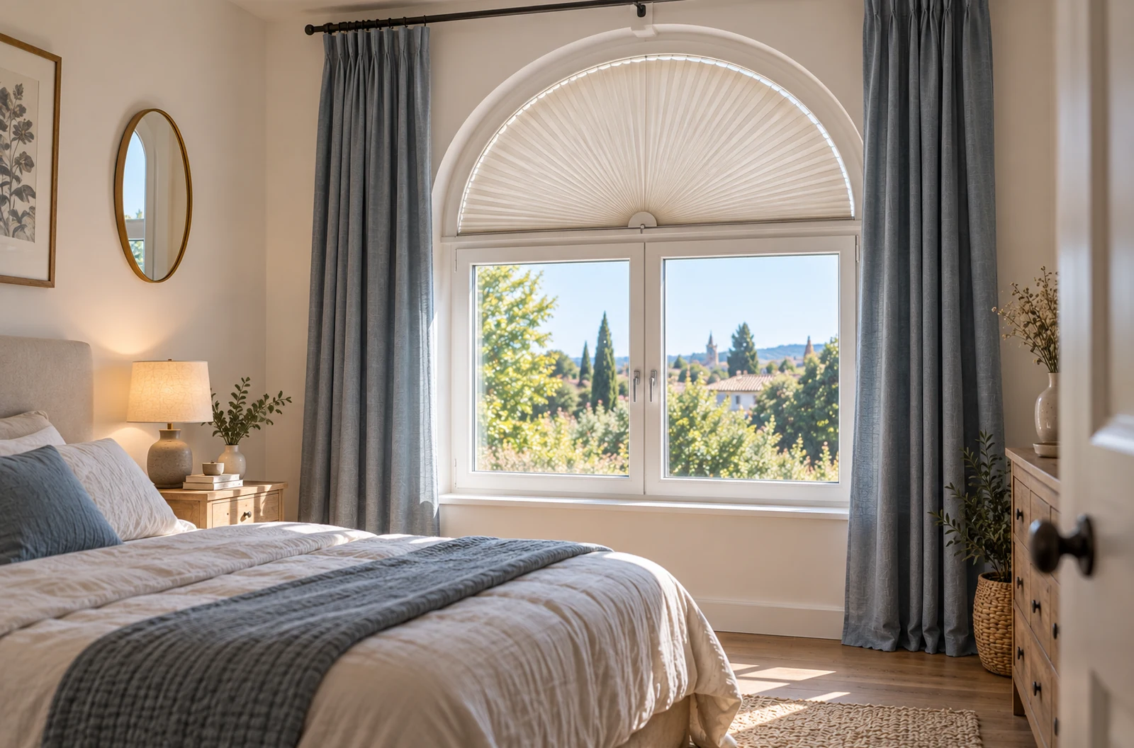 Fenêtre arrondie de chambre avec store adapté à la partie cintrée et rideaux latéraux