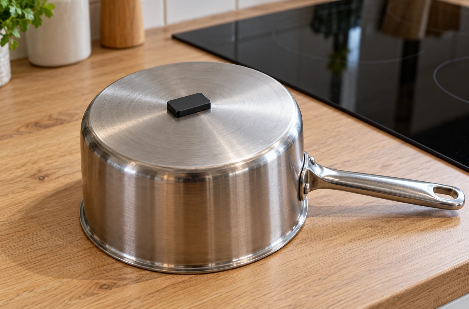 Petit aimant posé sur le fond extérieur d’une casserole retournée sur un plan de travail