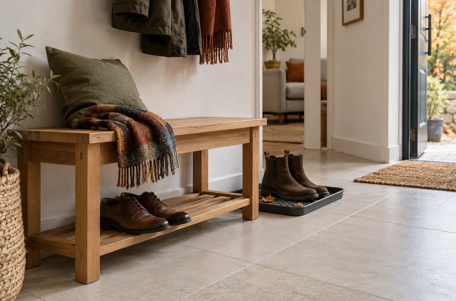 Petit banc en bois avec chaussures rangées sous l’assise et bottines sur un plateau dans une entrée
