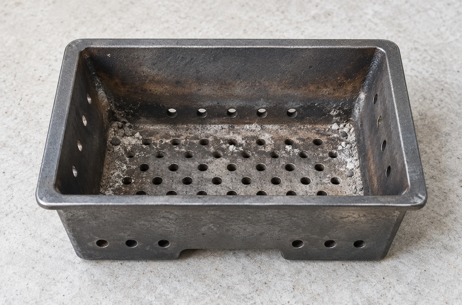 Brasero métallique de poêle à granulés posé à froid sur une surface minérale, avec ses perforations visibles