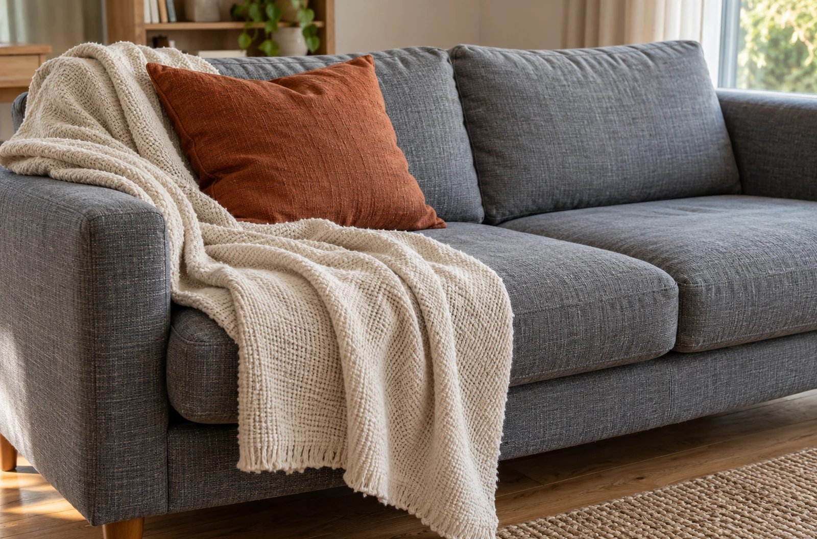 Couverture écrue dépliée sur une partie d’un canapé gris à côté d’un coussin rouille