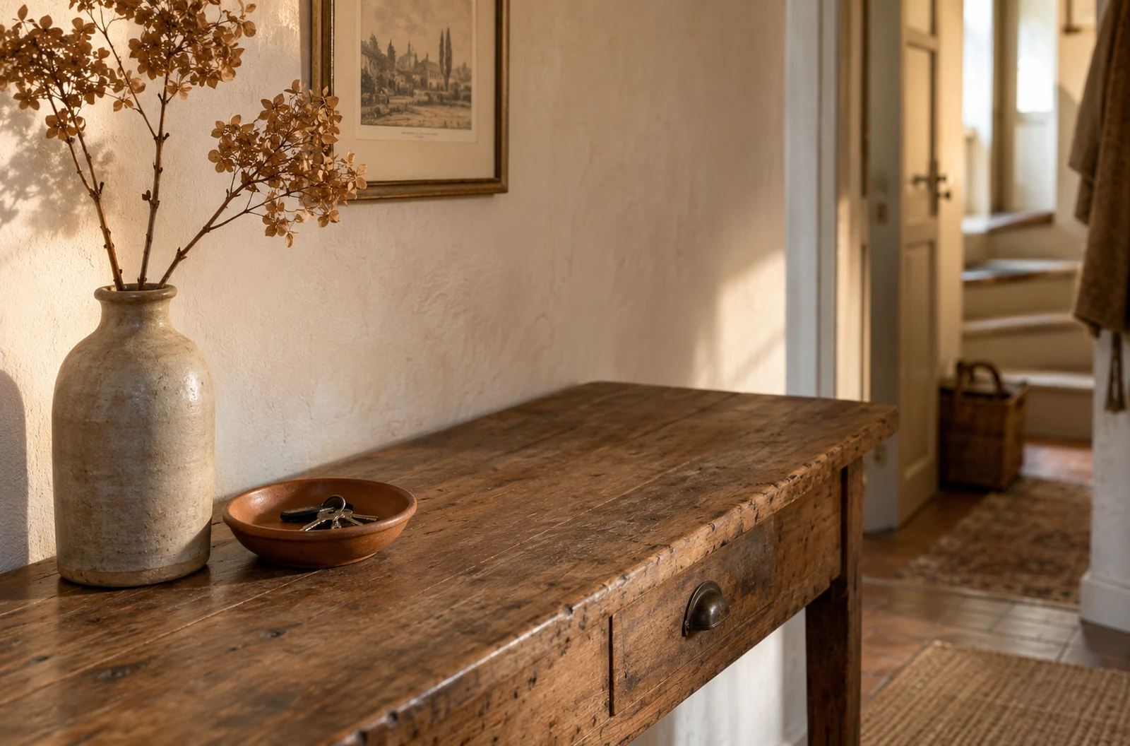 Console ancienne en bois avec coupelle contenant des clés et vase de fleurs séchées