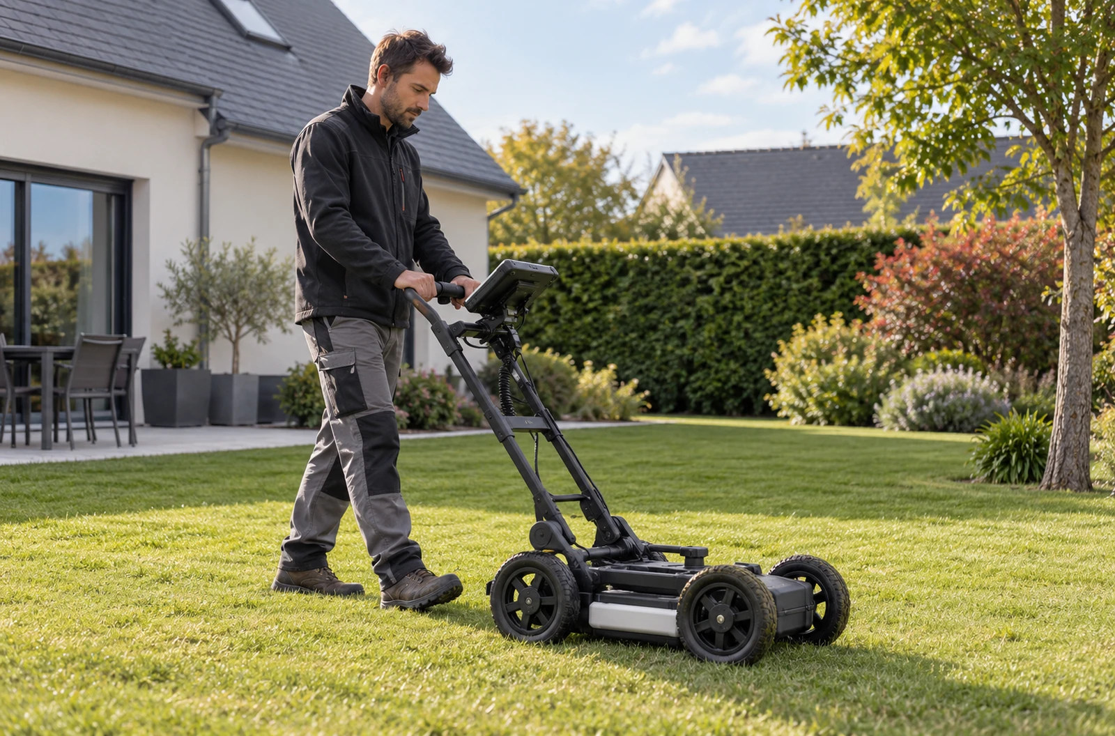 Professionnel passant un géoradar sur une pelouse avant des travaux