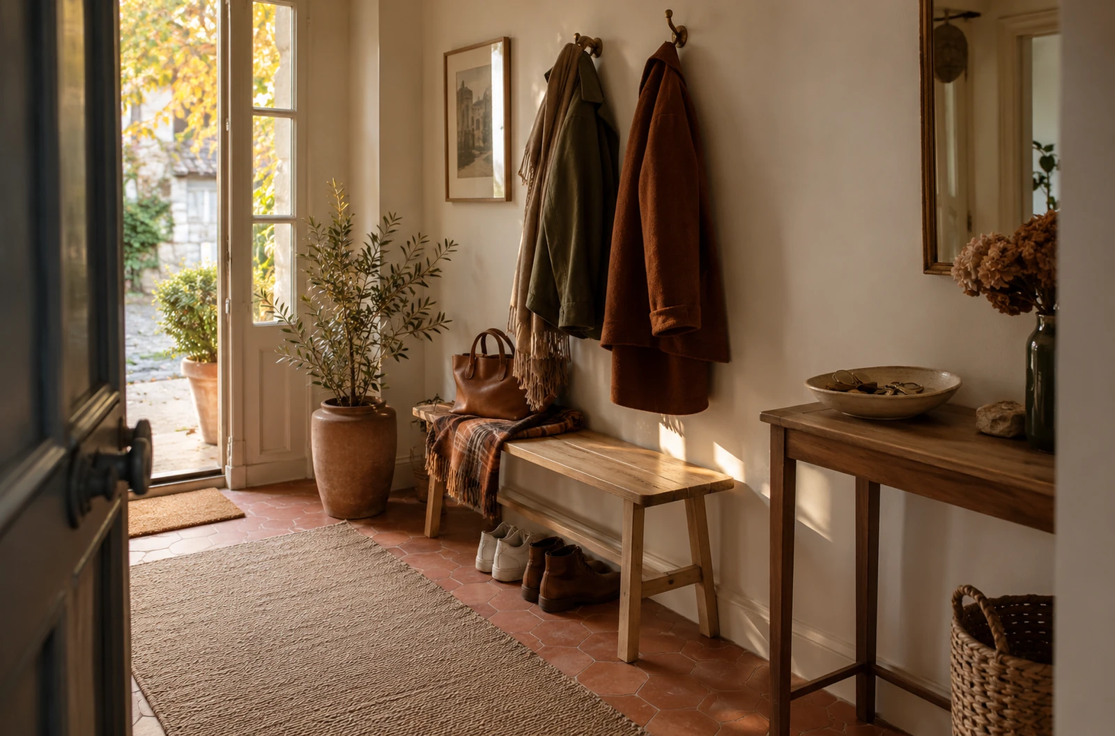 Entrée chaleureuse avec banc en bois, patères et chaussures rangées pour l’automne