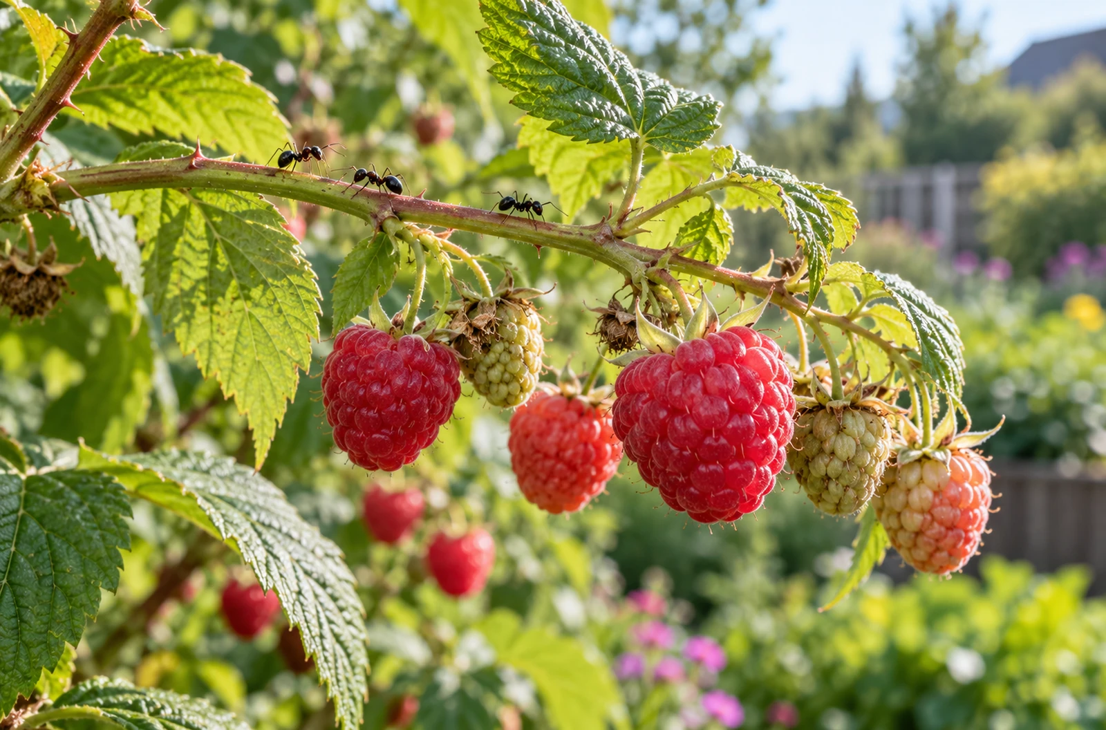 Petites fourmis noires sur une tige de framboisier près de feuilles vertes et de framboises