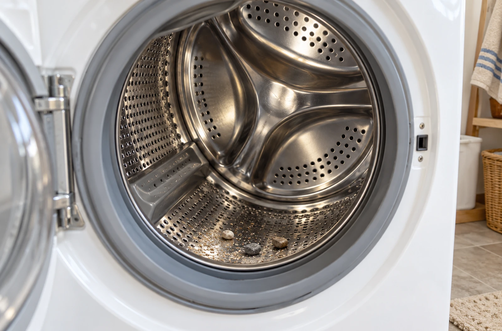 Quelques petits grains et cailloux au fond du tambour d’un lave-linge ouvert