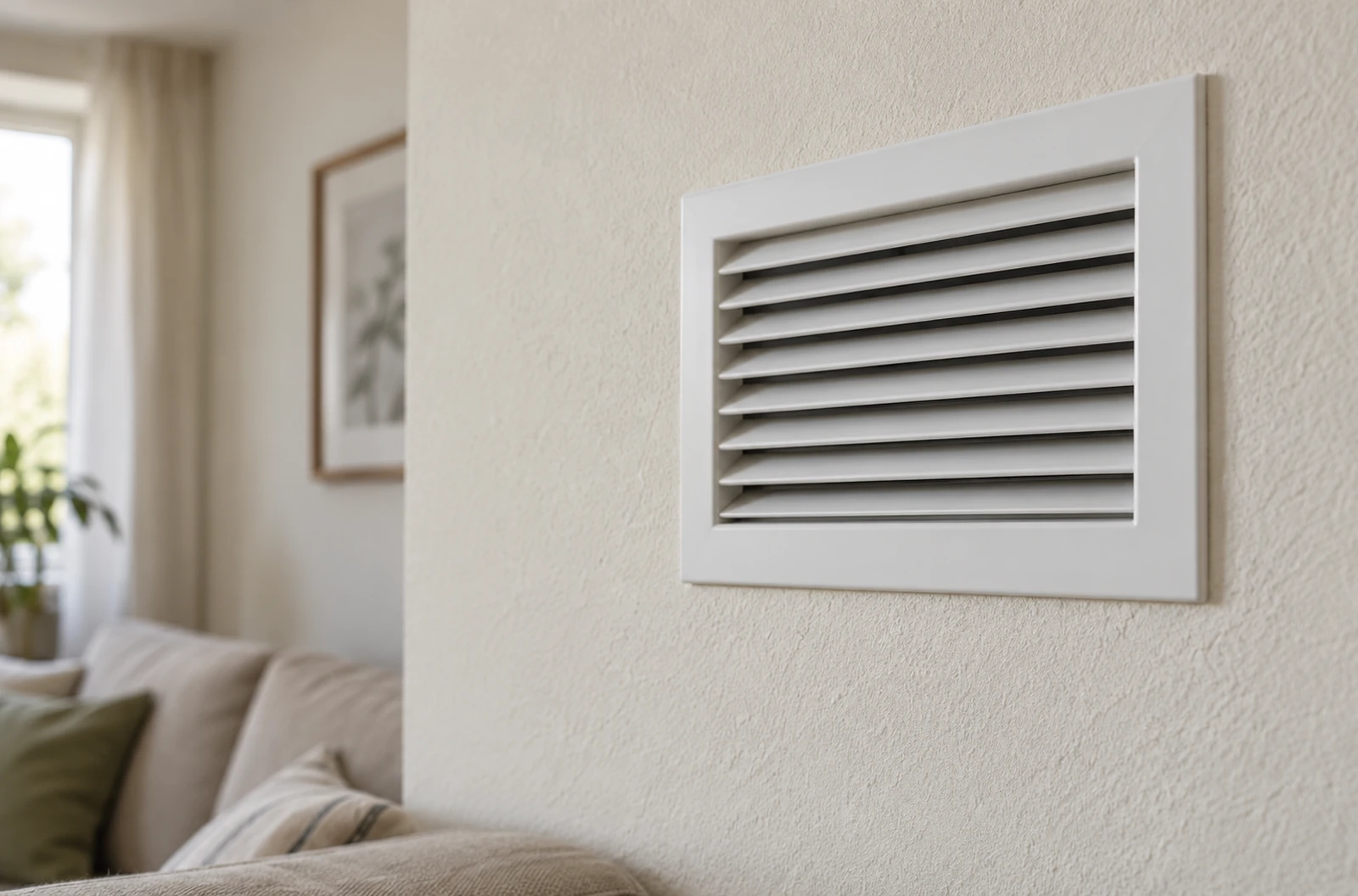 Grille de ventilation blanche ouverte sur un mur écru dans un salon