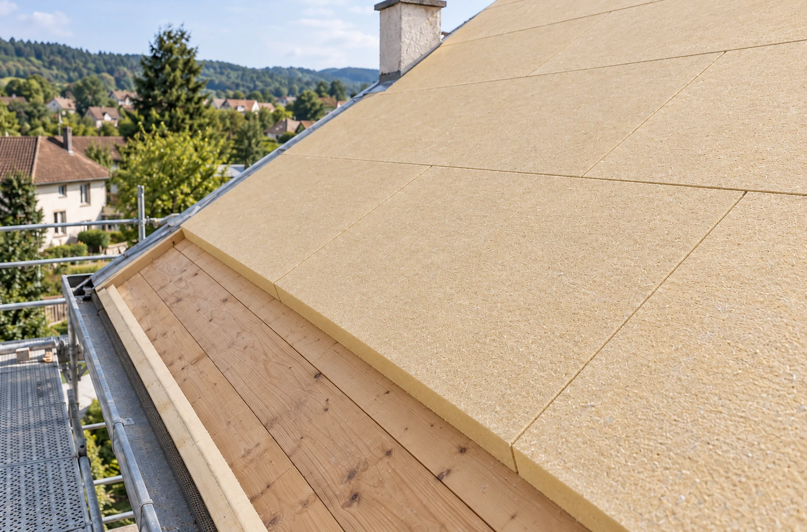 Panneaux isolants rigides disposés sur une toiture en rénovation avant la pose de la couverture