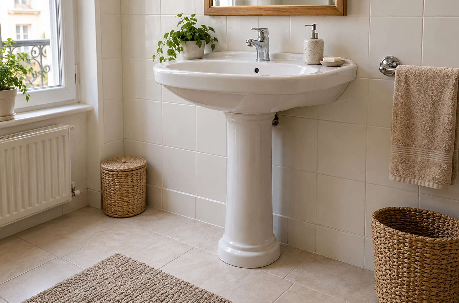 Lavabo blanc sur colonne dans une petite salle de bain avec sol dégagé