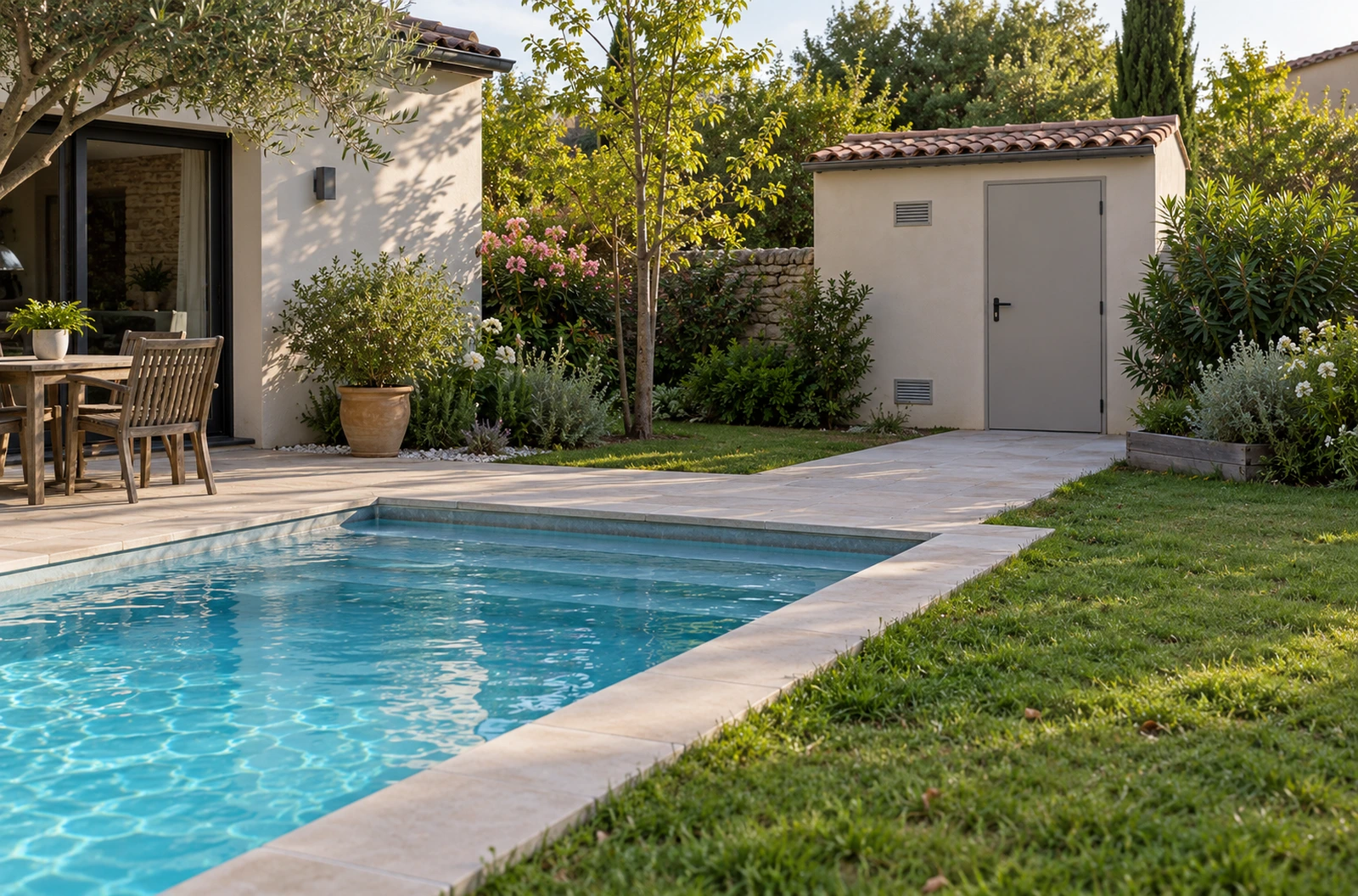 Petit abri technique près d’une piscine dans un jardin résidentiel