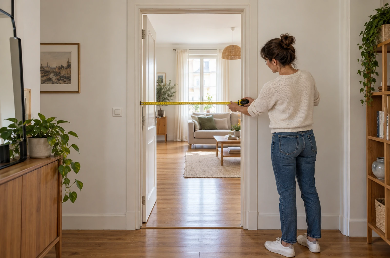 Personne mesurant la largeur libre d’une porte intérieure avec un mètre ruban