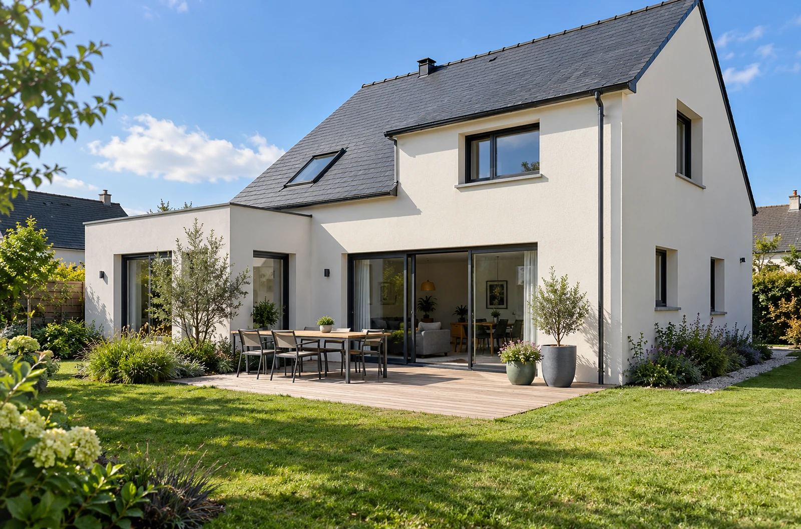 Maison contemporaine avec baies vitrées donnant sur une terrasse et un jardin