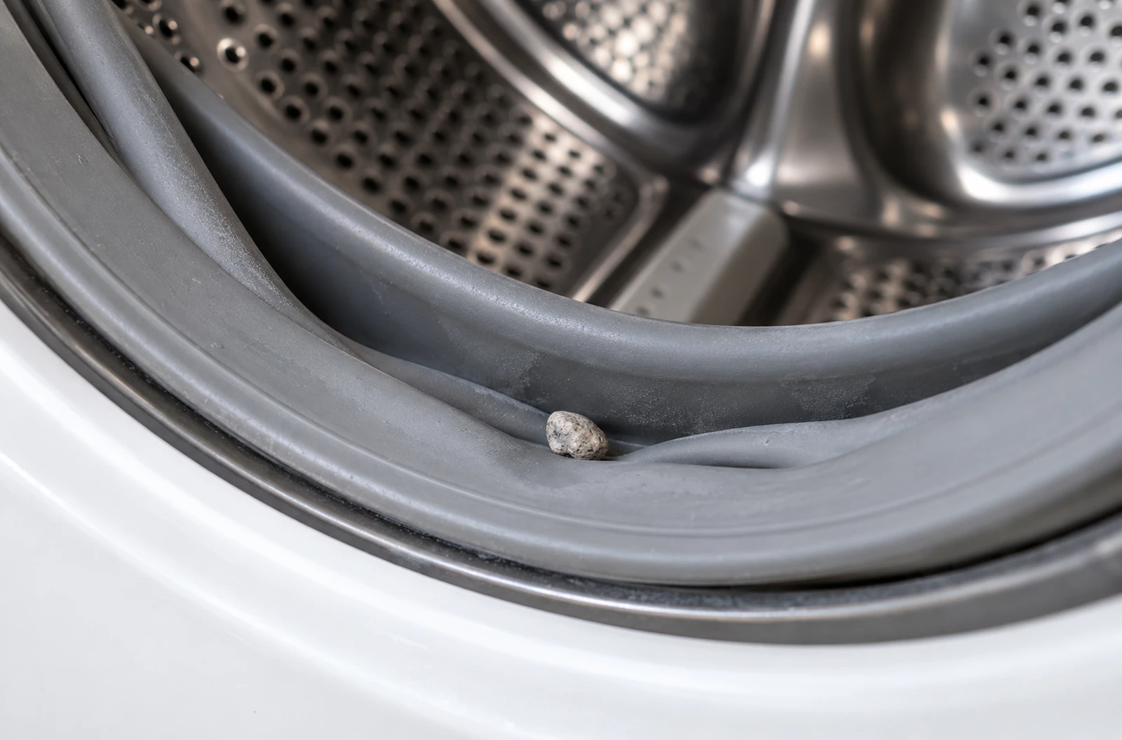 Petit caillou visible dans le pli inférieur du joint d’un lave-linge ouvert