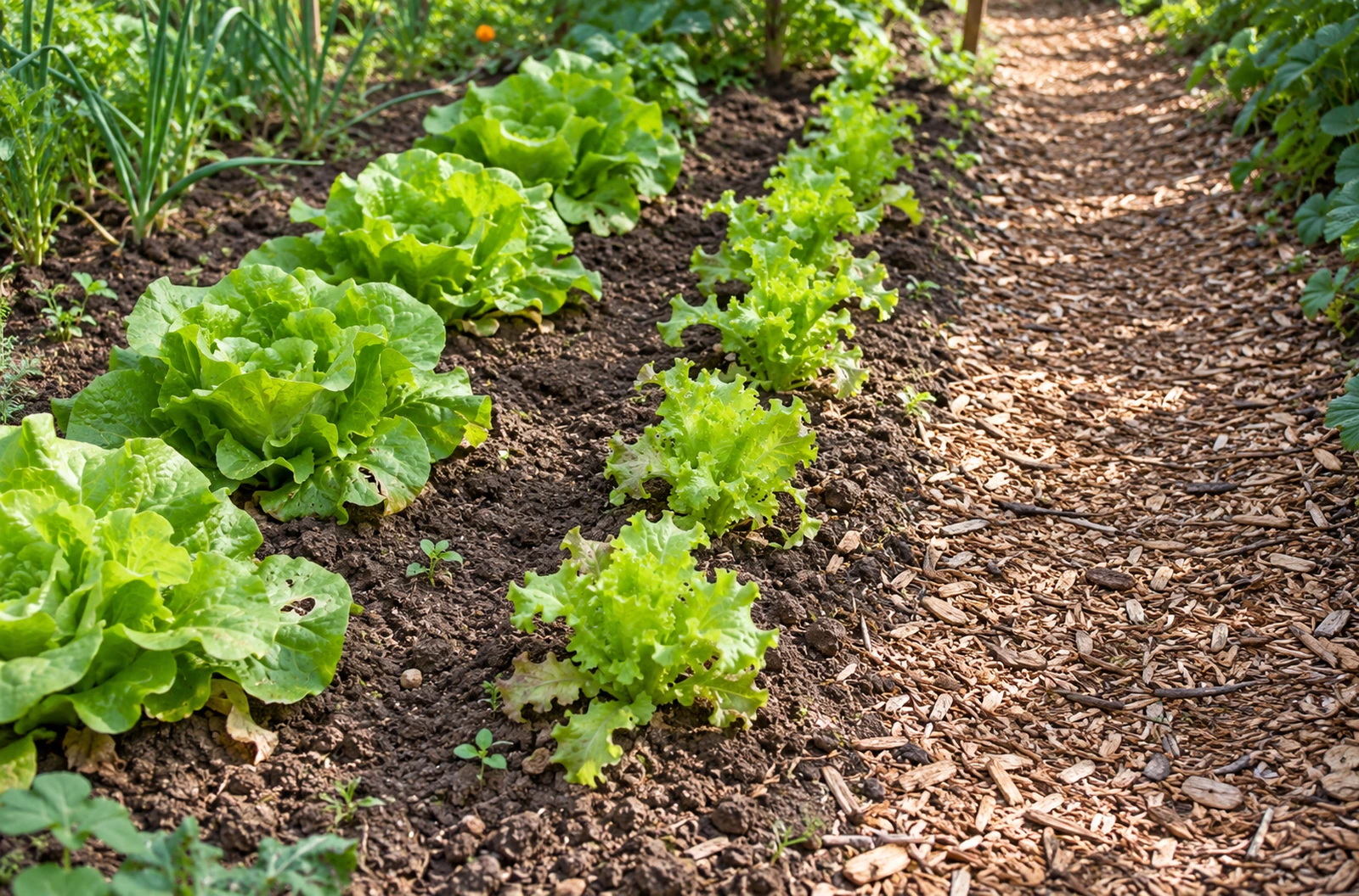 Bande de potager avec des laitues et une allée latérale dégagée