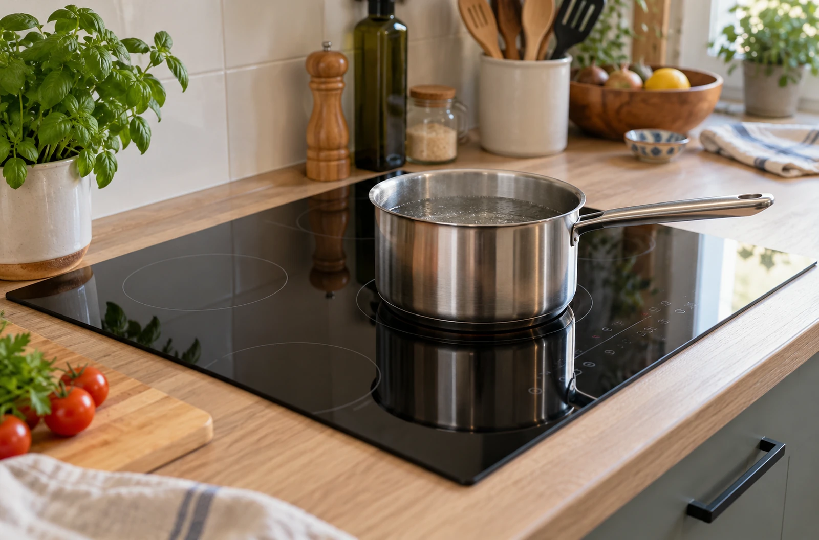 Casserole contenant de l’eau sur une plaque à induction noire dans une cuisine familiale