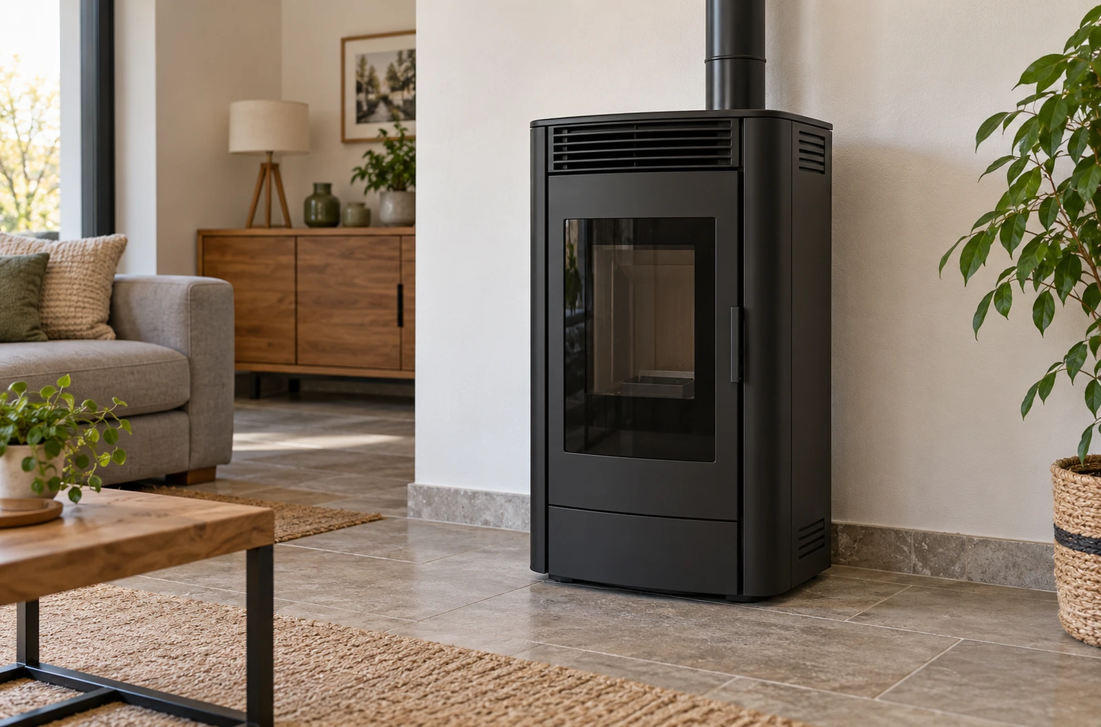 Poêle à granulés noir avec porte fermée et foyer éteint dans un salon clair