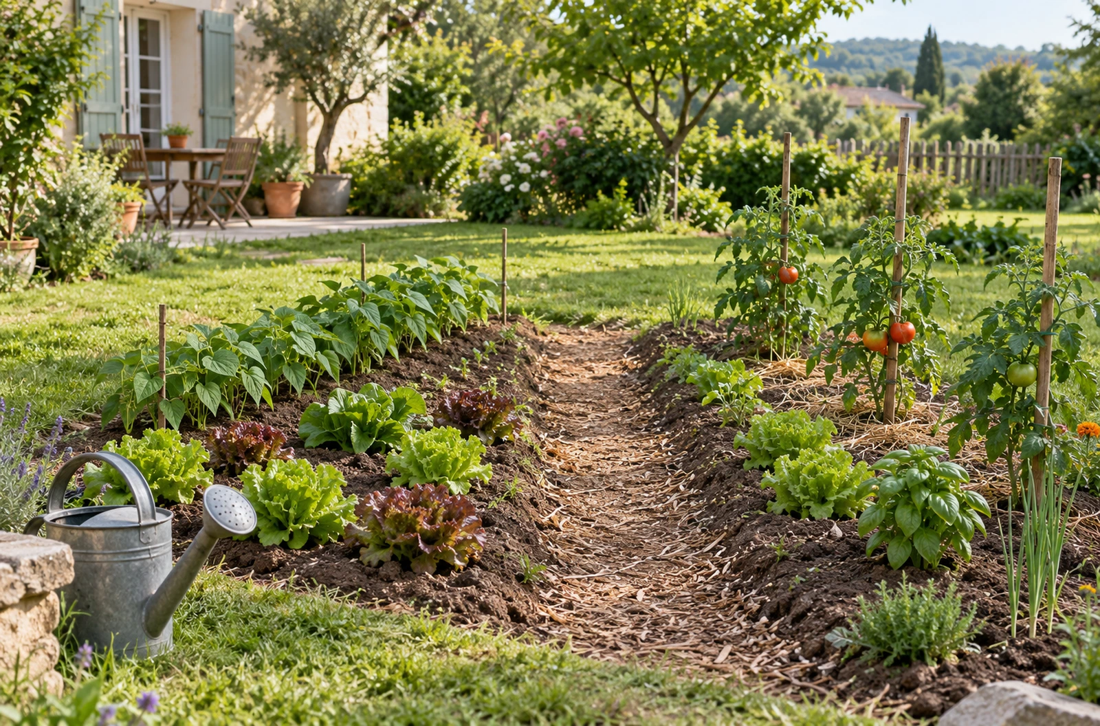 Petit potager familial avec deux bandes cultivées et des allées dégagées près d’une maison
