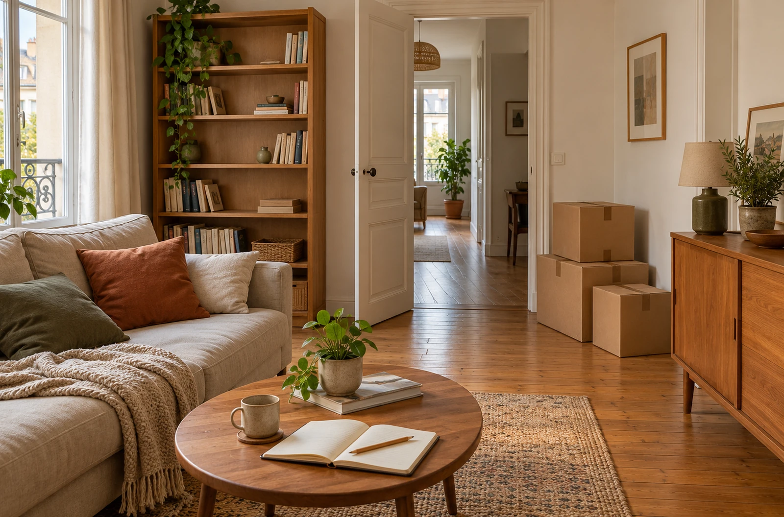 Salon avec quelques cartons fermés et du mobilier encore en place avant un déménagement