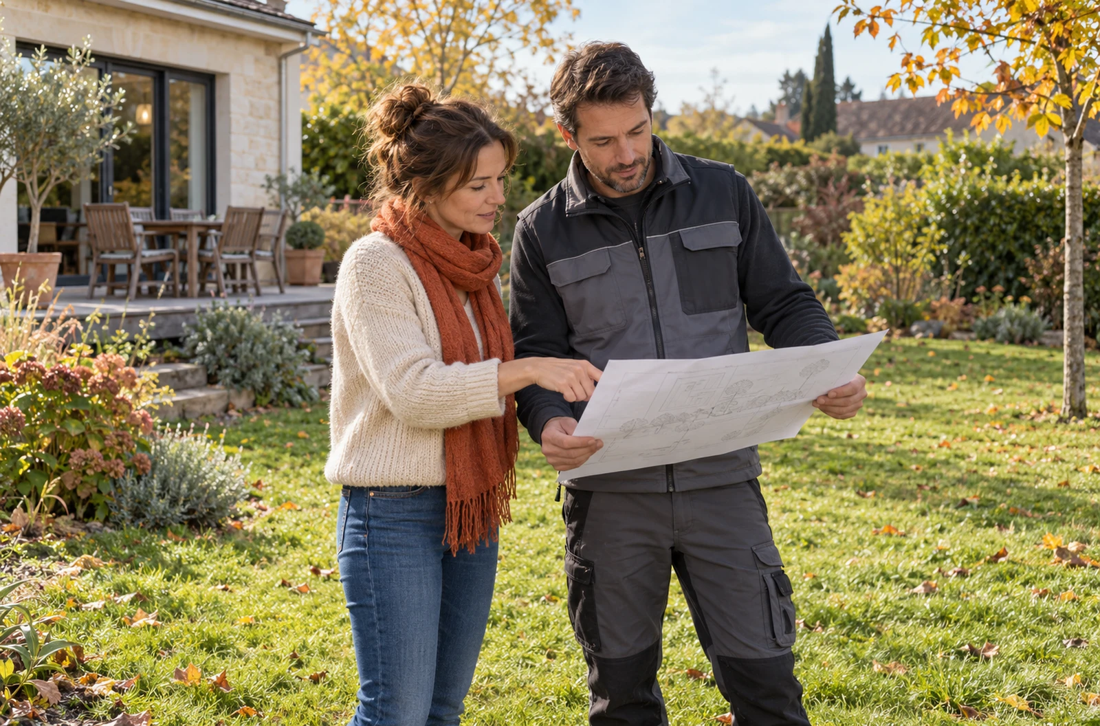 Propriétaire et professionnel examinant un plan devant le jardin d’une maison