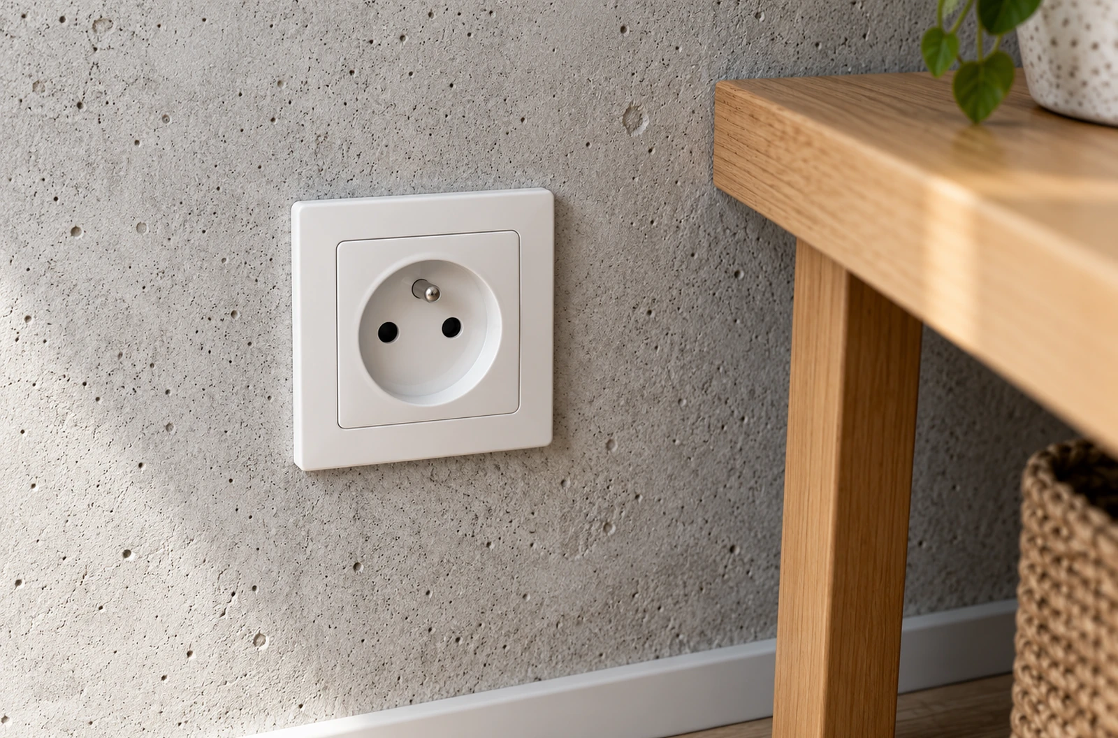 Prise électrique blanche encastrée dans un mur en béton gris près d’un bureau en bois