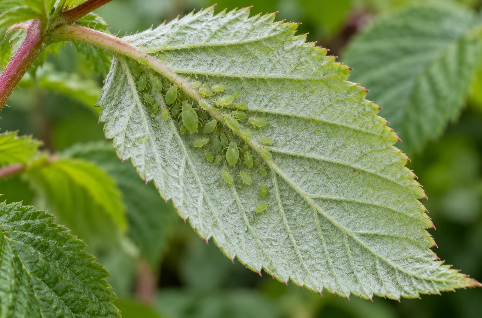 Petite colonie de pucerons vert clair près des nervures sous une feuille de framboisier