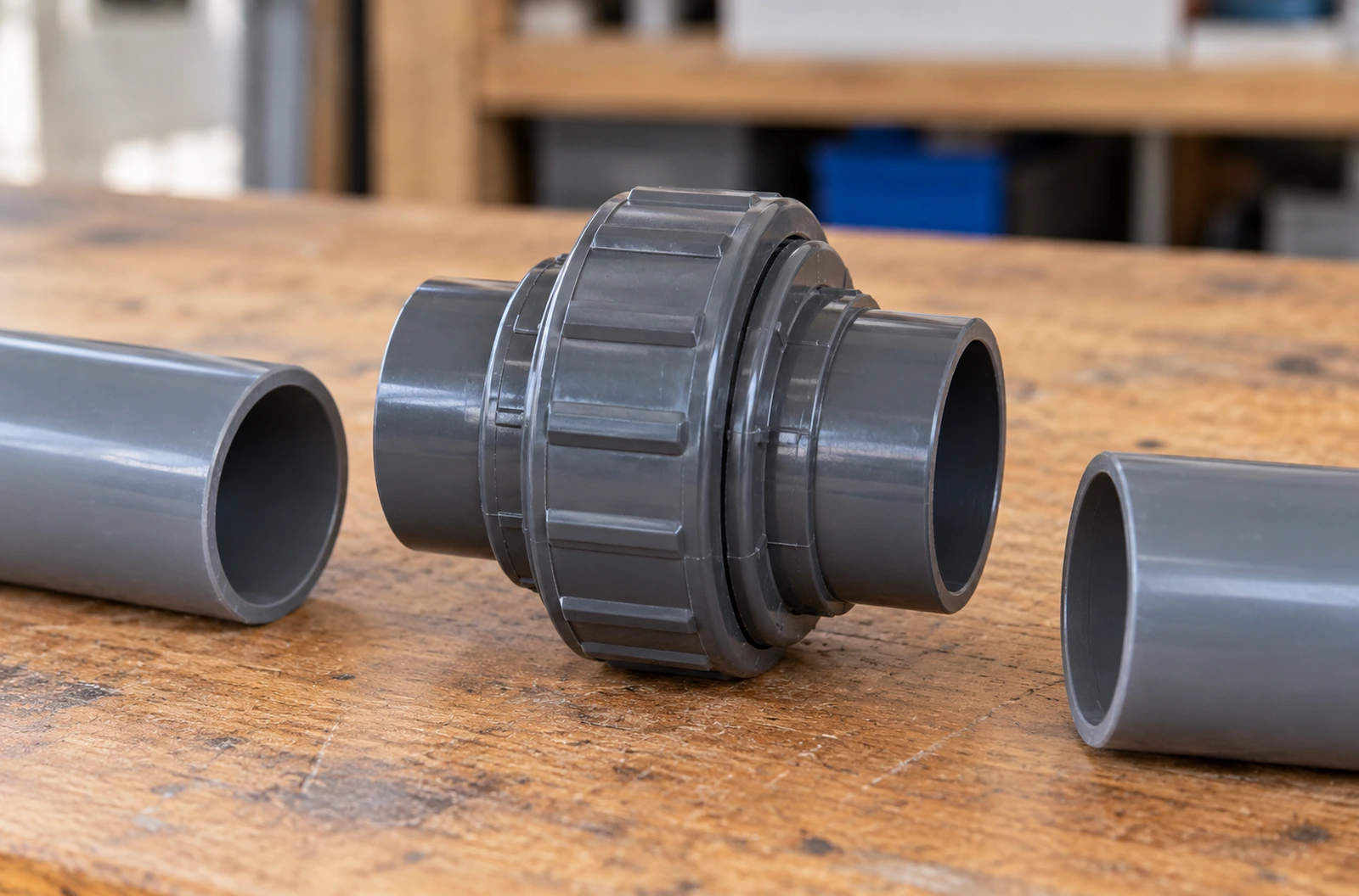Raccord union en PVC gris posé sur un établi avec deux courts tubes compatibles