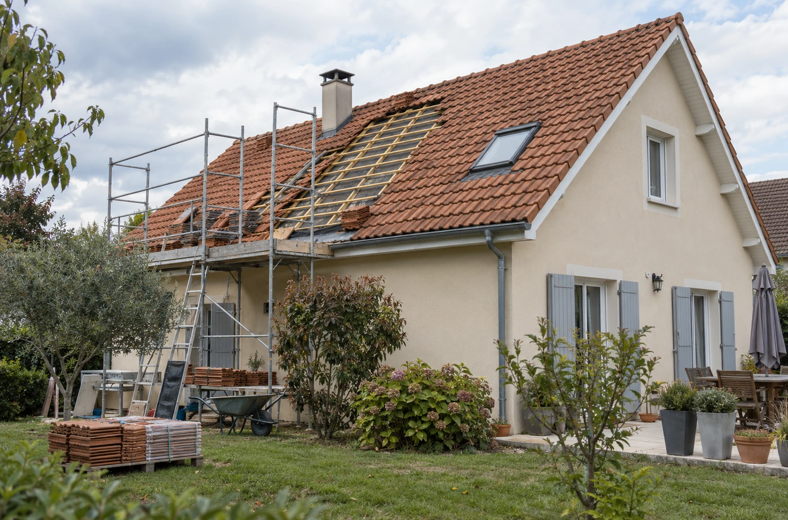 Toiture en tuiles partiellement déposée pendant des travaux de rénovation sur une maison individuelle