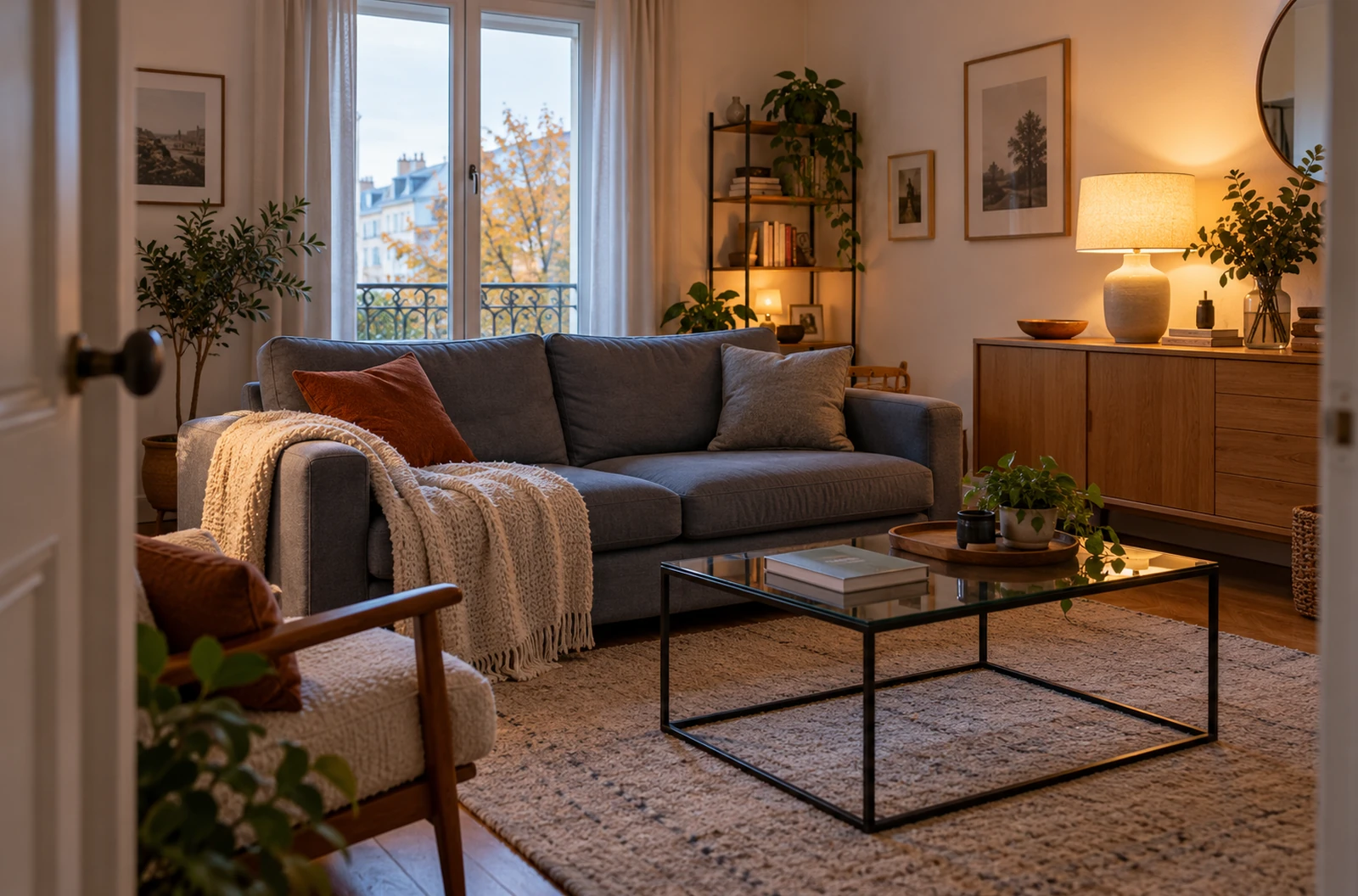 Salon avec canapé gris, couverture écrue, coussin rouille et buffet en bois éclairé par une lampe