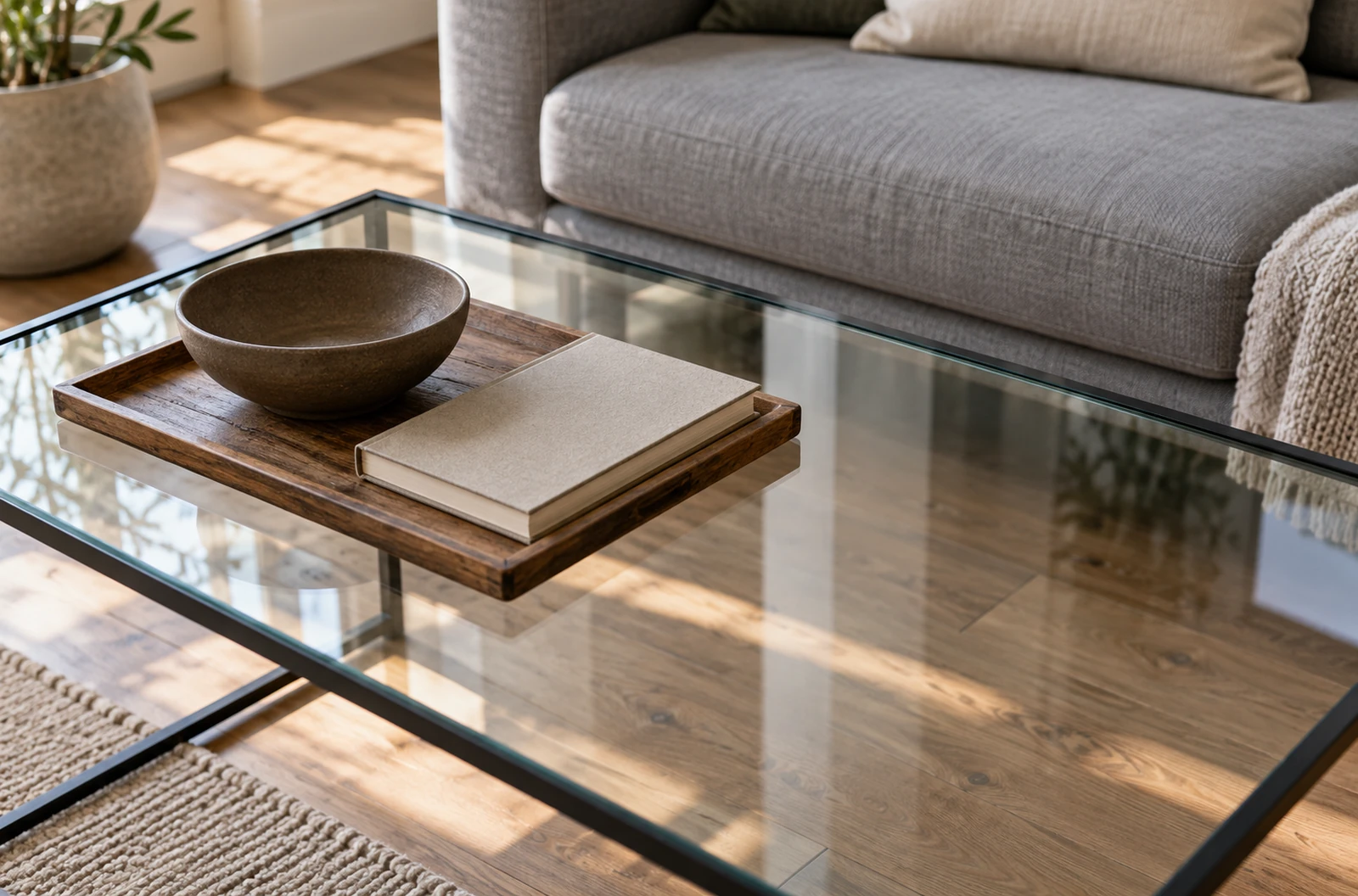 Petit plateau en bois et coupe en céramique brune sur une table basse en verre partiellement dégagée